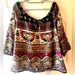 Vintage World Market Maroon Gold Black Teal Boho Print Peasant Blouse S M Large?